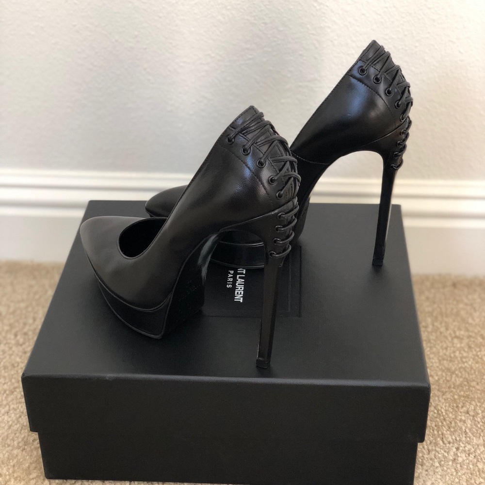 Saint Lauren Black Leather Back Laced Pumps - 38